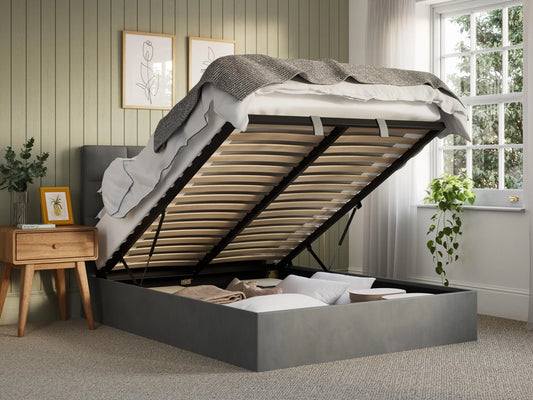 BBM Ottoman Bed Frame – Grey Woven Fabric with Hydraulic Storage